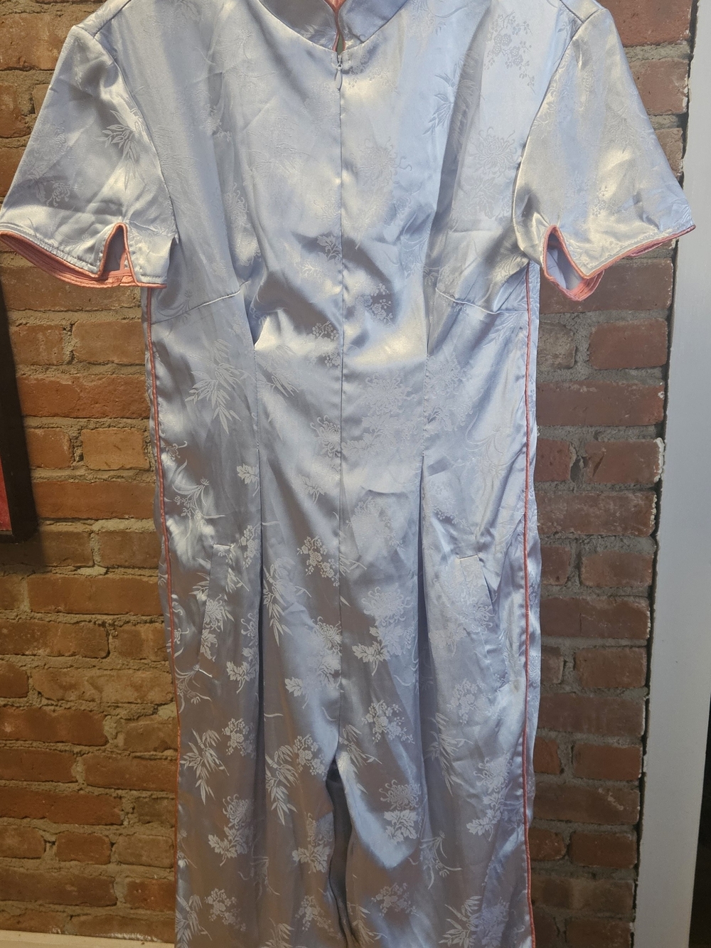 Satin Brocade Short-Sleeve Cropped Jumpsuit in Light Blue with Orange Trim